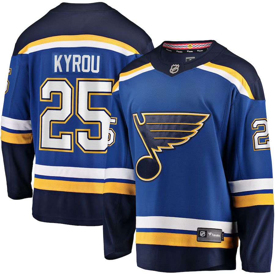 Men St. Louis Blues #25 Jordan Kyrou Fanatics Branded Blue Home Team Breakaway Player NHL Jersey